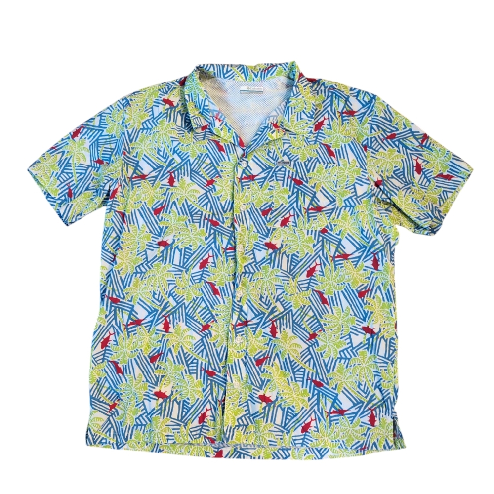 Columbia PFG Cotton Button Shirt, Colorful Palm Trees Fish, Men's Large